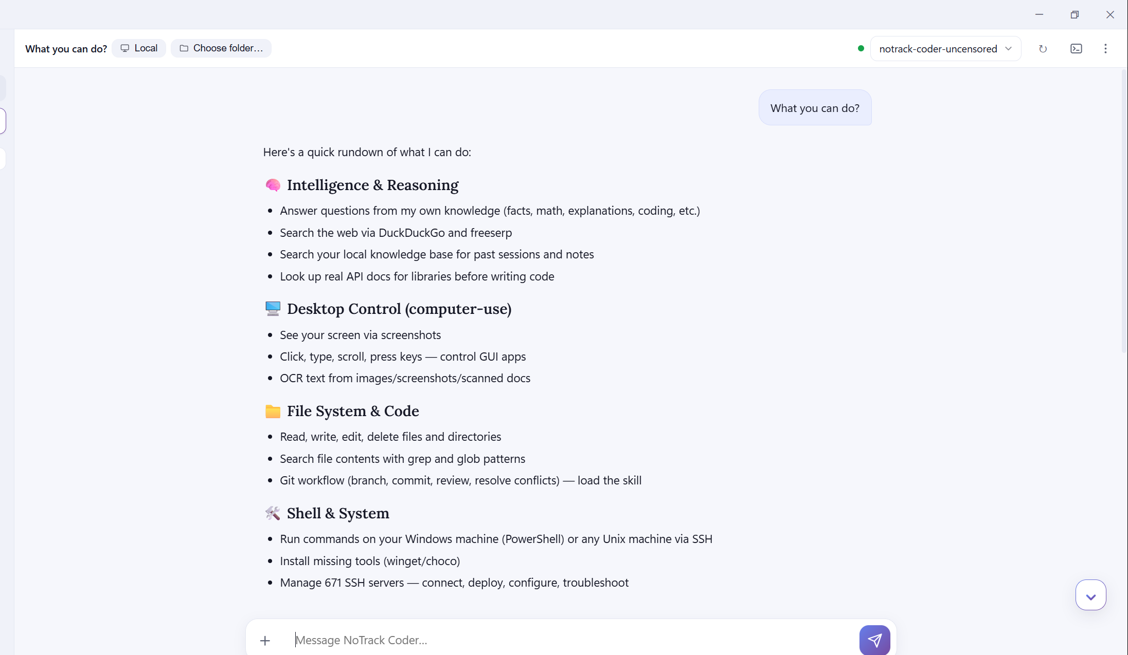 Shared NoTrack Coder workspace reference, including a conversation and model selector. Final software and available actions may differ.